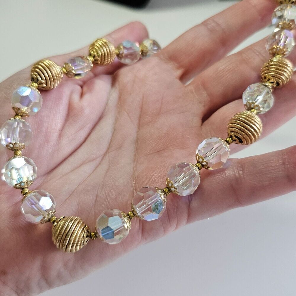 Aurora Borealis gold tone vintage necklace 14-16"